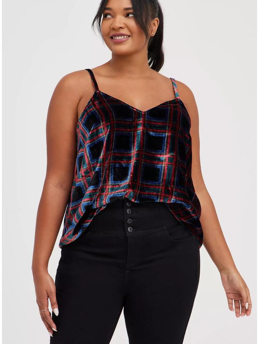 Torrid Black Multicolor Plaid Velvet Cami Tank Top Plus 1X